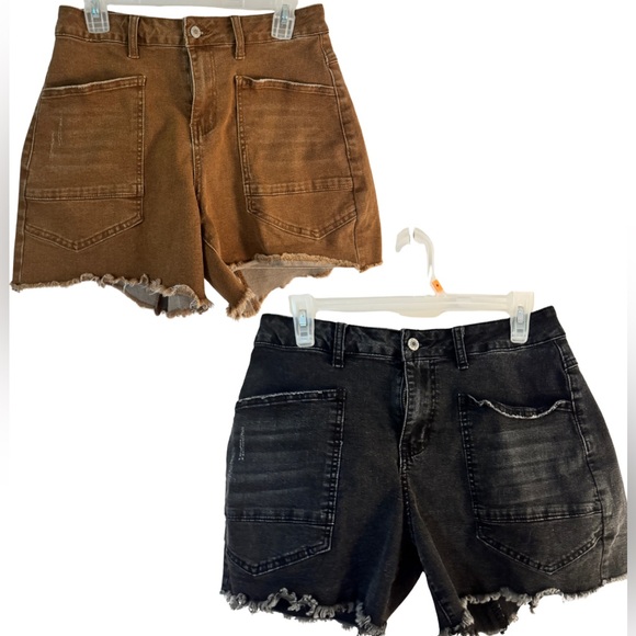Sidefeel Pants - High-Rise Raw-Hem Denim Shorts in Brown and Black